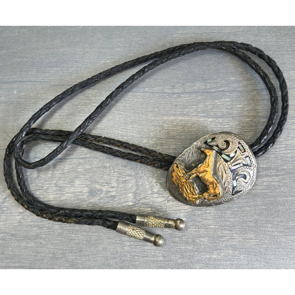 Alpaca Bolo Tie Equestrian Brass Horse Inlaid Abalone